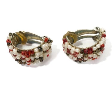 VINTAGE 1950's Red and White Seed Bead Ear Cuff Clip On Earrings | 40s 50s Retro MCM Atomic Jewelry | VFG 