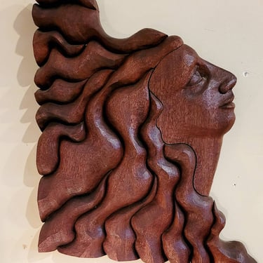 1980 wood wall sculpture woman's head flowing hair 