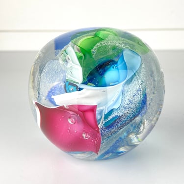 Vintage Michelle Kaptur Studio Art Glass Paperweight Colorful Swirls Bubbles Signed 