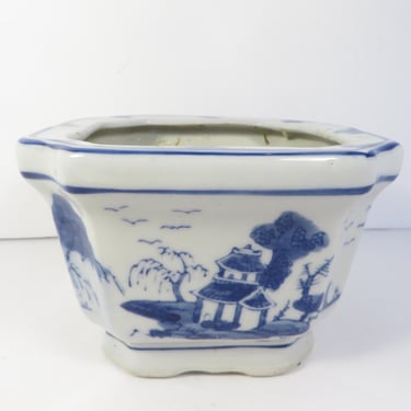 Vintage Blue White Asian Planter Vase - Square Blue White Chinoiserie Blue White Planter 