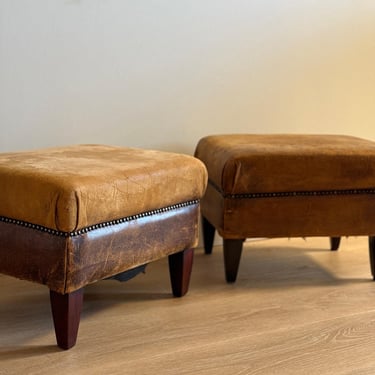 Set of Vintage Dutch Leather Ottomans/Stools 