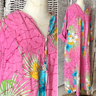 Caftan, Batik Look, Tropical Print, Zip Front Kaftan, Vintage 70s 80s Hostess Gown, Wide Sleeves 