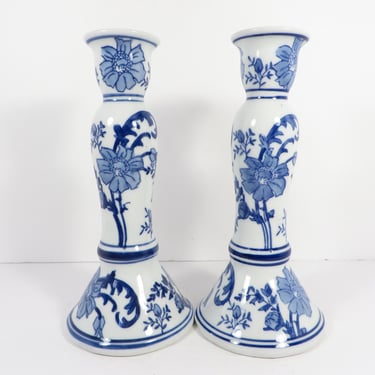 Vintage Blue and White Chinoiserie Candle Holders - Blue White Candlestick Holders 