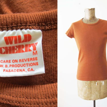 70s Rust Orange Womens T Shirt S - Vintage 1970s Solid Color Fitted Babydoll Crewneck Shirt Earthtone Boho 
