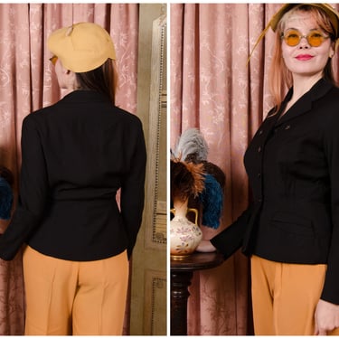 1950s Jacket - Smart Hattie Carnegie Tailored New Look Suit Jacket in Black Gabardine 