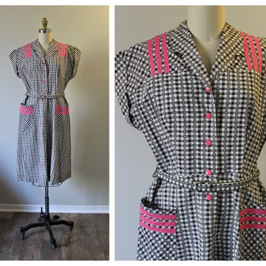 Vintage 40s 50s Checkered Gingham Black White Pink Clover Day Dress Rockabilly Pinup // Modern Size US 6 8 Small Med 