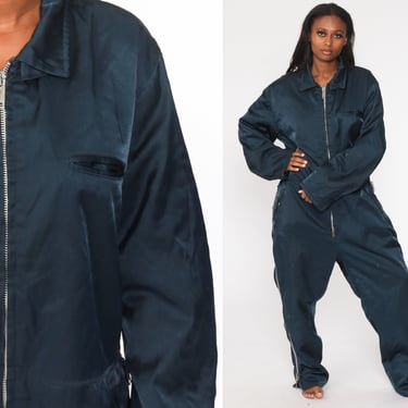 Navy Coveralls Blue Jumpsuit Pants Workwear Insulated Uniform 80s One Piece Long Sleeve Work Wear Boiler Suit Vintage 1980s Extra Large xl 
