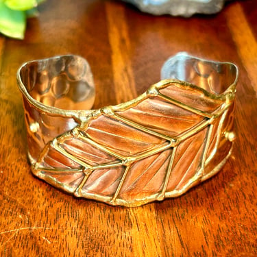 Mixed Metal Bracelet Copper Leaf Brass Hammered Silver Open Cuff Bracelet Nature Gift 
