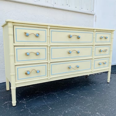 Vintage Coastal Dresser with 9 Drawers by Henry Link Bali Hai with Faux Bamboo and Painted Yellow & Blue - Credenza Furniture 