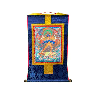 Tibetan Print Fabric Trim Guardian Buddha Deity Art Wall Scroll Thangka ws2225E 