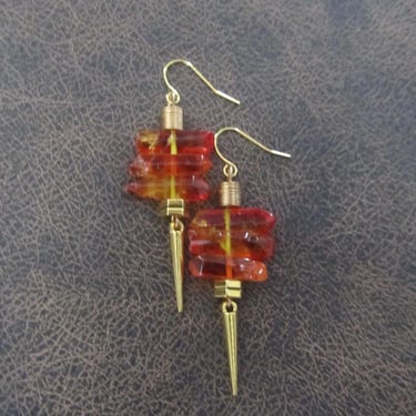 Raw quartz crystal earrings, orange 33 