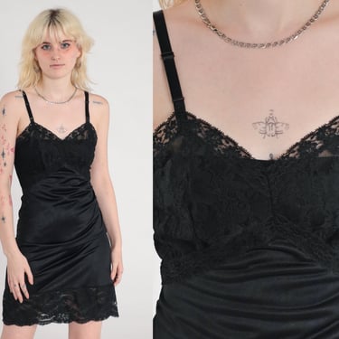 Black Slip Dress 70s Mini Lingerie Chemise Sweetheart Neckline Vintage Gothic 1970s Spaghetti Strap Nightgown 32 Extra Small xs 