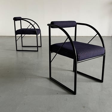 1 of 2 Postmodern Armchairs in Style of Mario Botta, Multicolour Memphis Stripe Upholstery and Black Tubular Steel, 1980 Italy 