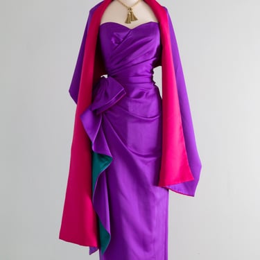 Showstopping Vintage Royal Purple Strapless Evening Gown With Shawl / SM