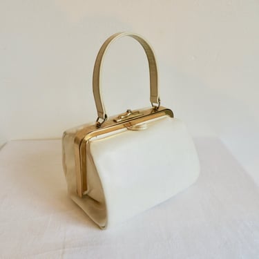 1960's White Leather Purse Top Handle Gold Metal closure Hardware 60's Mod Handbags Spring Summer Adrian Gold Made in England 