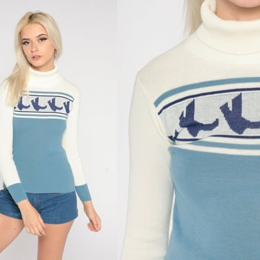 70s Turtleneck Sweater White Blue Bird Sweater Color Block Sweater Retro Boho Knit Ski Pullover Vintage 1970s Side Kicks Extra Small xs 