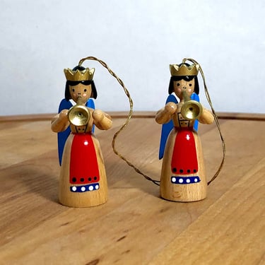 2 Vintage Erzgebirge Wood Christmas Tree Ornaments, Angels with Trumpets - Hand Painted, German Decorations Decor, Hanging, Gold Gilt 