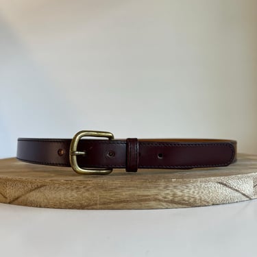 Vintage 90s New England USA Red Full Grain Leather Solid Brass Belt Size S/M 