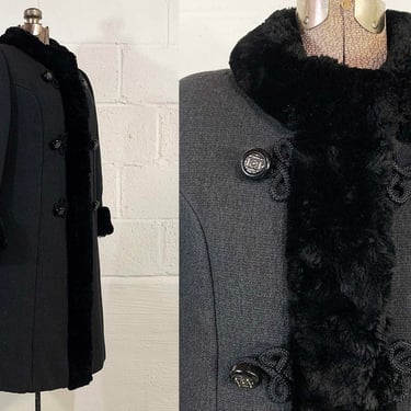 Vintage Charcoal Gray Winter Coat Faux Fur Trim Peacoat Jacket Hipster Mid-Century Mad Men Betty Meagan Draper Mod Satin Lining 1960s Large 