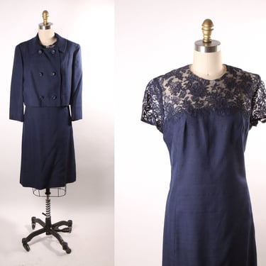 1960s Navy Blue Short Sleeve Sheer Lace Overlay Shift Dress with Matching Long Sleeve Jacket Two Piece Outfit Dress Suit -M-L 