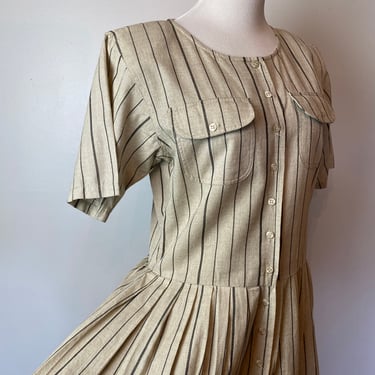 VTG 90’s cotton twill dress ~ beige with black pinstripes boxy minimalist style boho trend slight dropped waist full skirt size LG 