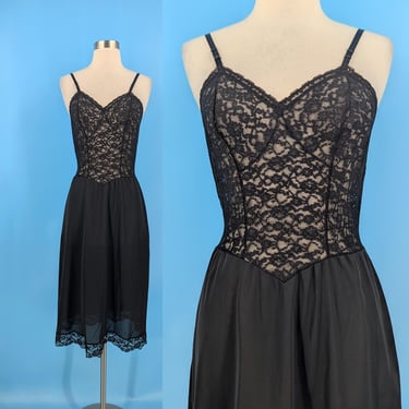 Vintage 50s Vanity Fair 34 Black Lace Stretch Slip - Fifties Small Black Vanity Fair Dress Slip 