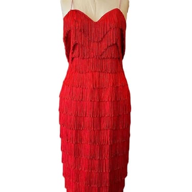 1980s red fringe dress, vintage cocktail dress, statement, tassel dress, 28 waist, bombshell, hourglass, valentines day, vlv, flamenco, 28 