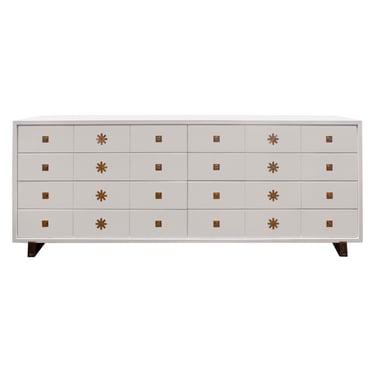 Tommi Parzinger Chest of Drawers in White Lacquer with Iconic Brass Pulls (Signed)