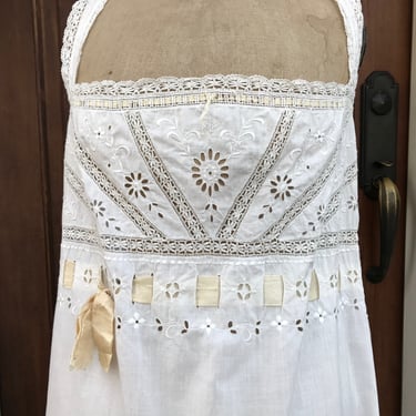 French Lace Nightgown, White Nightdress, Ribbon Bow, Broderie Anglaise, White Floral Embroidery, Antique French Heirloom Lingerie 