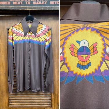 Vintage 1970’s “Nik Nik” Feather Southwest Disco Italy Poly Nylon Shirt, 70’s Vintage Clothing 