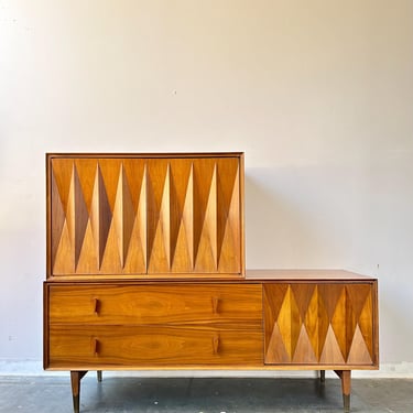 MCM Vintage Modular walnut diamond front dresser by Albert Parvin 