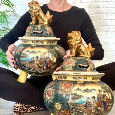 Pair of Vintage Satsuma Moriage Jars | Foo Lion Jars | Asian Ceramic Jars | Vintage Chinoiserie | Exotic Home Decor 