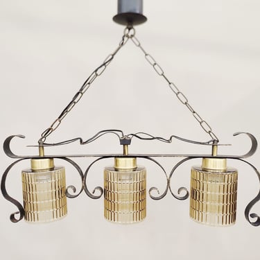 One Line Retro Chandelier | 3 Arms Chandelier | Metal and Glass | Ceiling Light | Yugoslavia | 70s | 