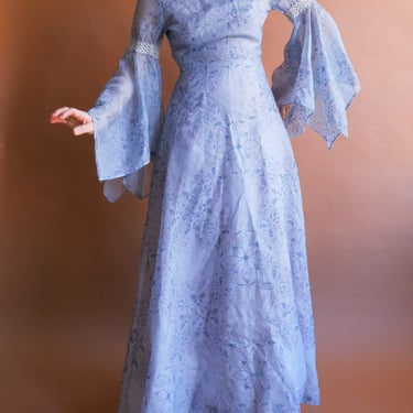 Vintage 60s 70s Alfred Shaheen Blue Bell Sleeve Maxi Dress/ Size Medium 