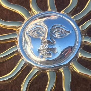 Sergio Bustamante ~ Vintage Sterling Silver 927 Surreal Celestial Sun with Face and Gold Colored Rays Brooch / Pin 