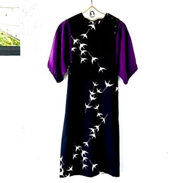 Vintage Japanese Kimono Dress Crane Birds Black Purple Dress 