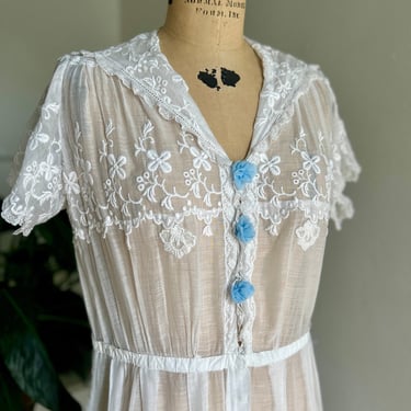 1920s Summer Cotton Batiste Embroidered Day Dress Antique 44 Bust Voluptuous 