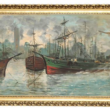 Painting, Oil On Canvas, Ships in Industrial Harbor, Signed, Framed, Vintage!!