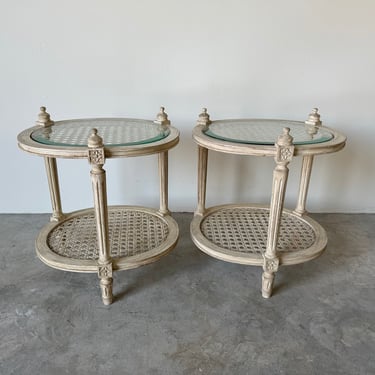 Pair Of Vintage French Louis XVI Style Two -  Tier Side  Tables With  Caning Top 