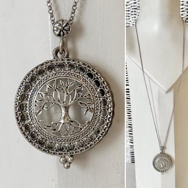 Tree of Life Magnifying Glass Necklace Pendant Vintage Silver-Tone Long Chain 