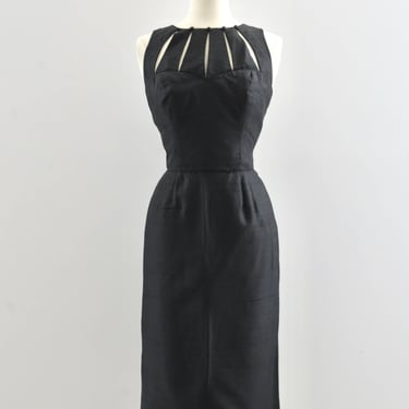 " Cage Bust" 1950's Silk Wiggle Dress / small medium