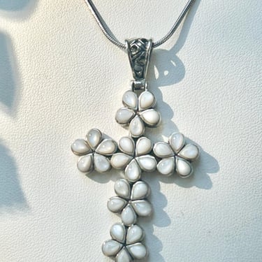 Sterling Silver Moonstones Cross Pendant Necklace Flowers Daisy Floral Religious 