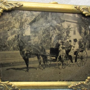 Antique 1800's Tin Type Photograph Horse & Buggy,  Easel Back Frame, Vintage Victorian Tintype 