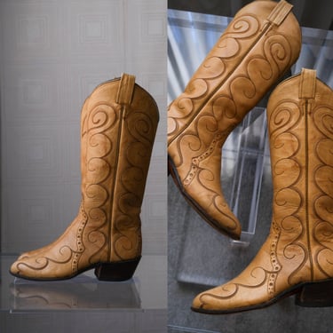 Vintage LARAMIE Hand Made 1970s Tan Leather Western Boots | Made in El Paso Texas USA | Size 5.5-6 | Designer Cowgirl Boots 70s Swirl Stitch 