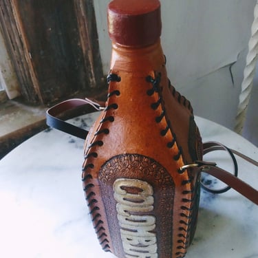 VINTAGE Columbian Souvenir Decanter, Hand Tooled Leather Covered Glass Bottle Container with Shoulder Strap 