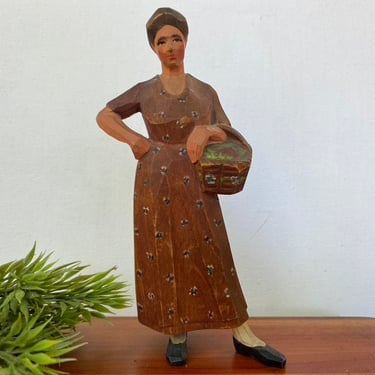 Vintage Hans Huggler Whys Carved Wood Woman Figure With Market Basket, Farmhouse Decor, Woman Wood Carved Statue By Swiss Artist 