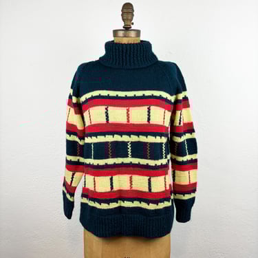 Vintage 1960s Hand Knit Patterned Turtleneck Sweater Fall Palette Unisex M 