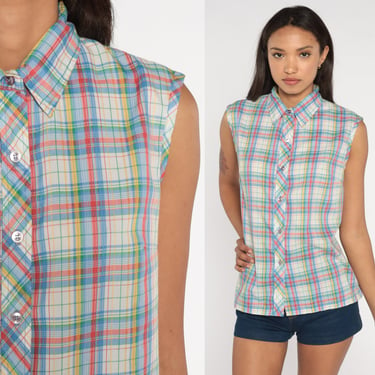 70s Tank Top Plaid Blouse Checkered Shirt Sleeveless Blouse Button Up Shirt Vintage 1970s Multicolored Red Blue White Green Medium 