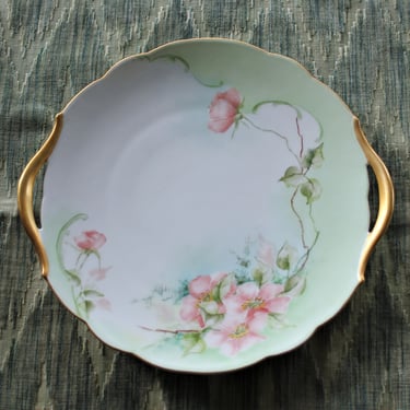 Vintage T & V  France Hand Painted Roses Platter with Gilt Handles 
