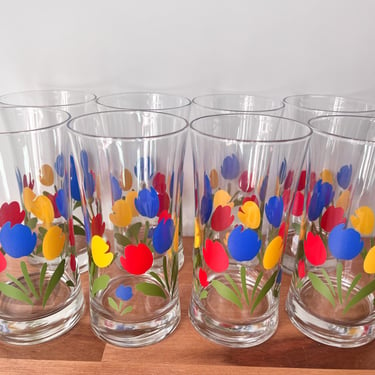 Set of Primary Colored Tulip Glasses by Tulip Tyme. Large Vintage Floral Iced Tea Glasses. Large Colorful Tulip Tumbler Glasses. 